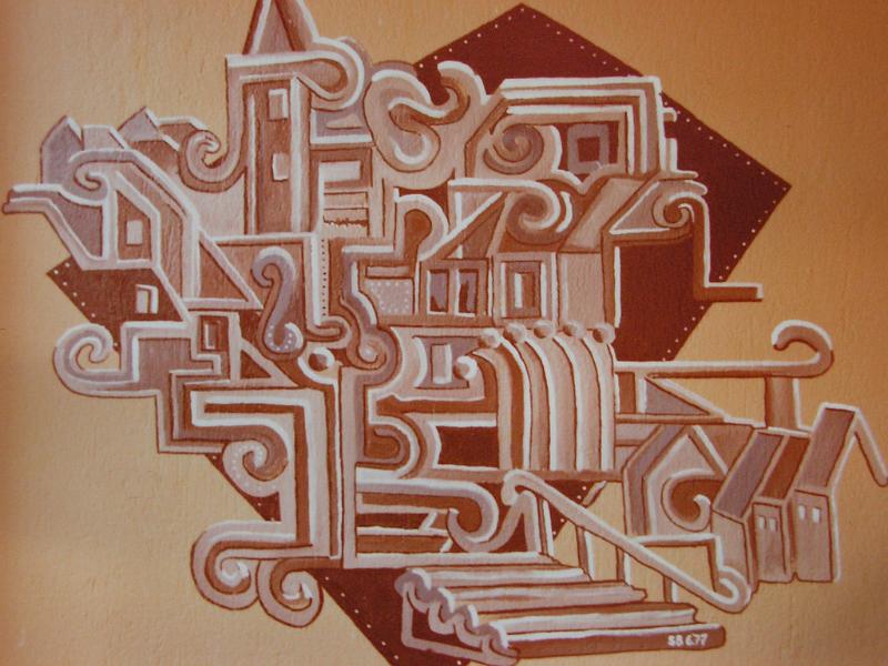 Stadt (Treppenaufgang) 1977, Acryl-Putz, ca 150x150.jpg